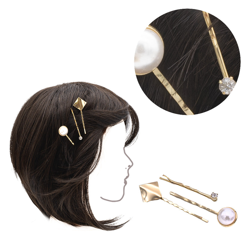 VIAHERMADA  Set di tre clip in metallo dorato con strass e perla  5cm