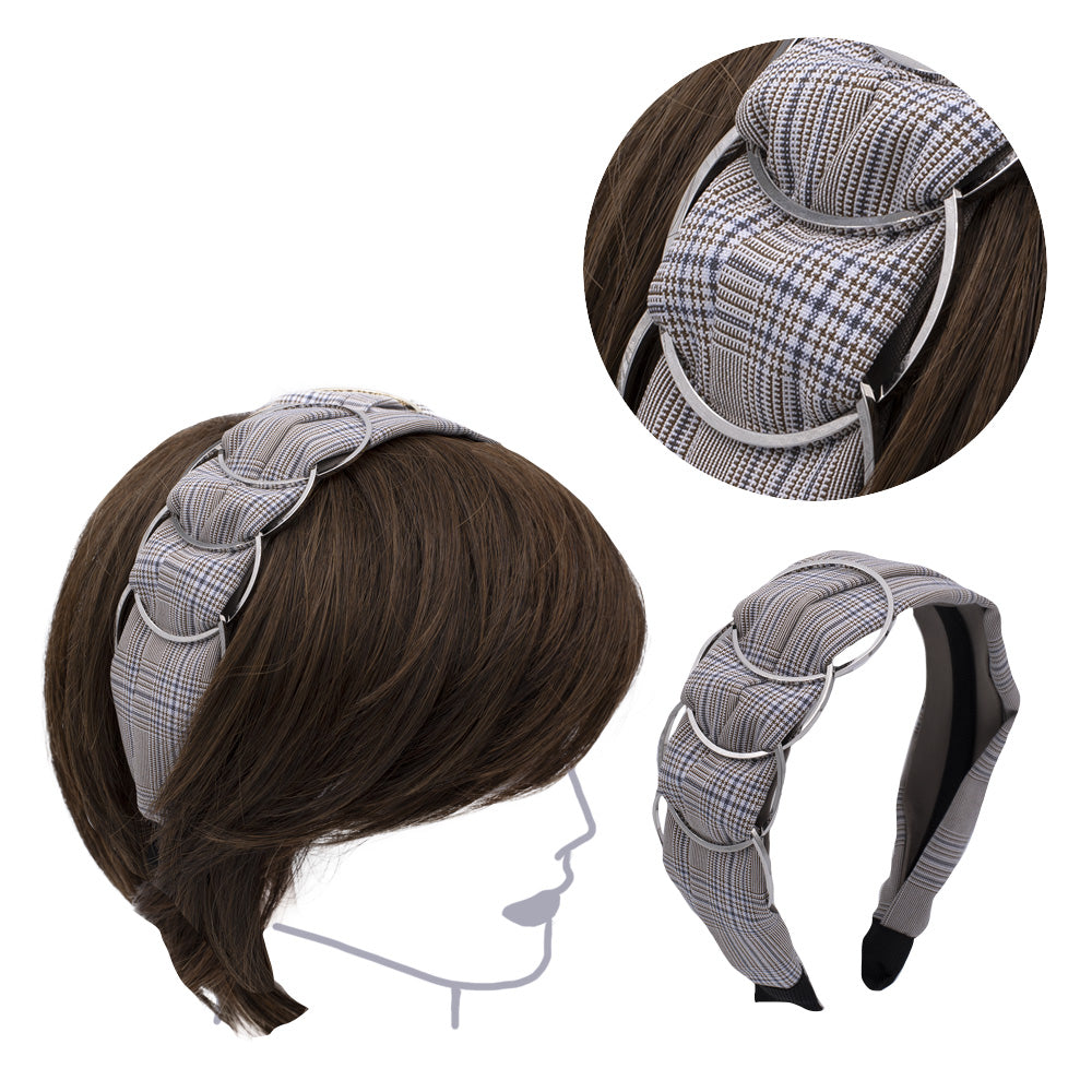 VIAHERMADA Cerchietto per Capelli Tessuto Beige Scacchi con Anelli in metallo
