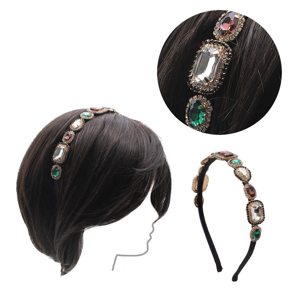 VIAHERMADA Cerchietto in Grosgrain Nero con Cristalli e Gemme Multicolor