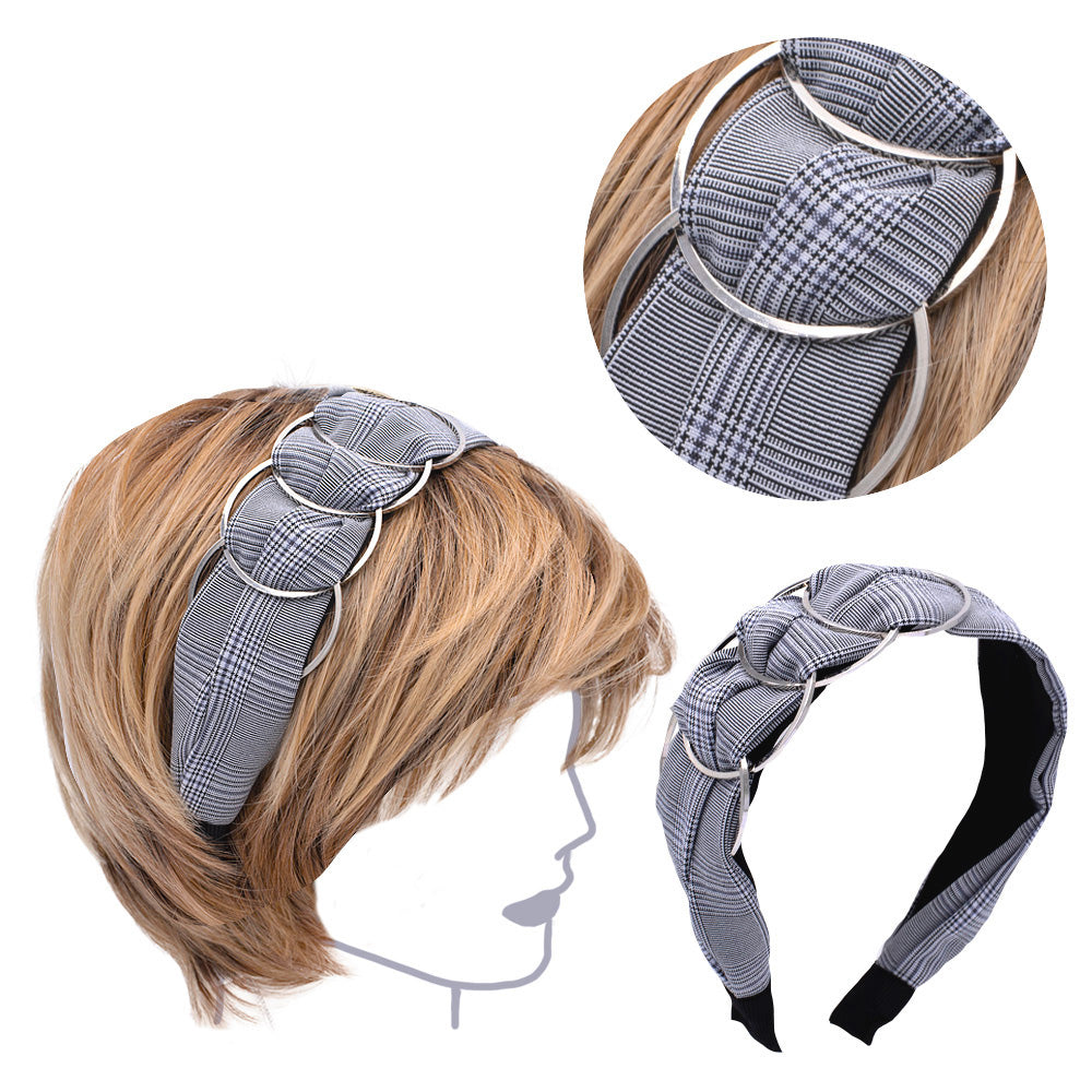 VIAHERMADA Cerchietto per Capelli Tessuto Grigio Scacchi con Anelli in metallo