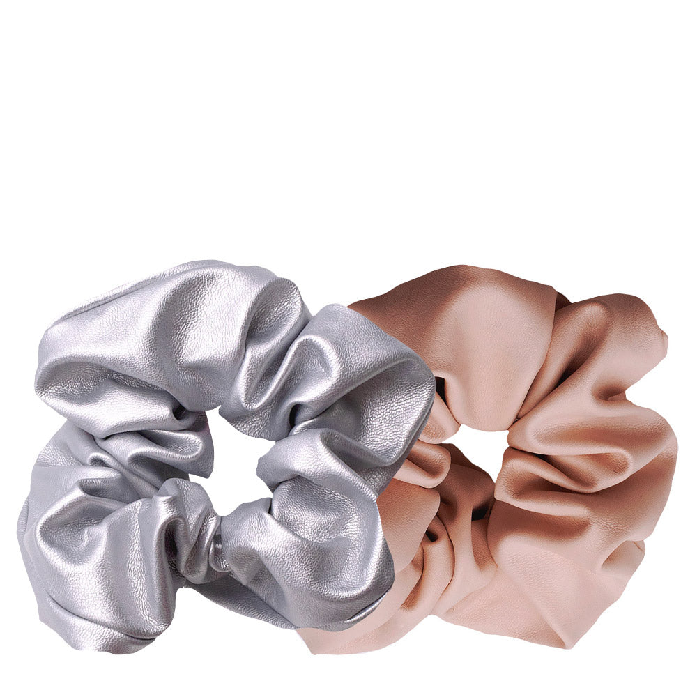 VIAHERMADA Set da 2 Scrunchy  Ecopelle Argento + Rosa Antico