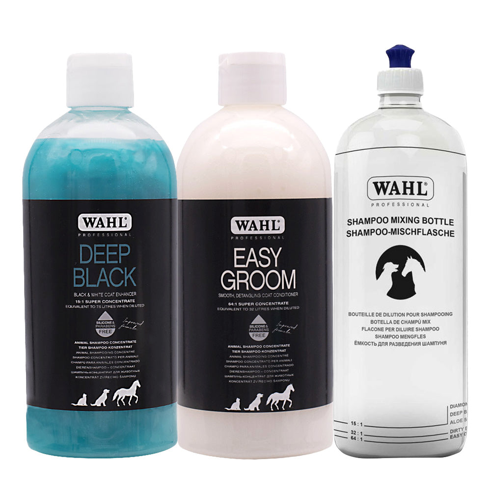 Wahl Pro Pet Deep Black Shampoo 500ml Easy Groom Conditioner 500ml Mixing Bottle