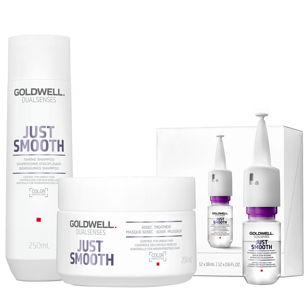 Goldwell Dualsenses Just Smooth Taming Shampoo 250ml Maschera 200ml Siero Anticrespo 12x18ml