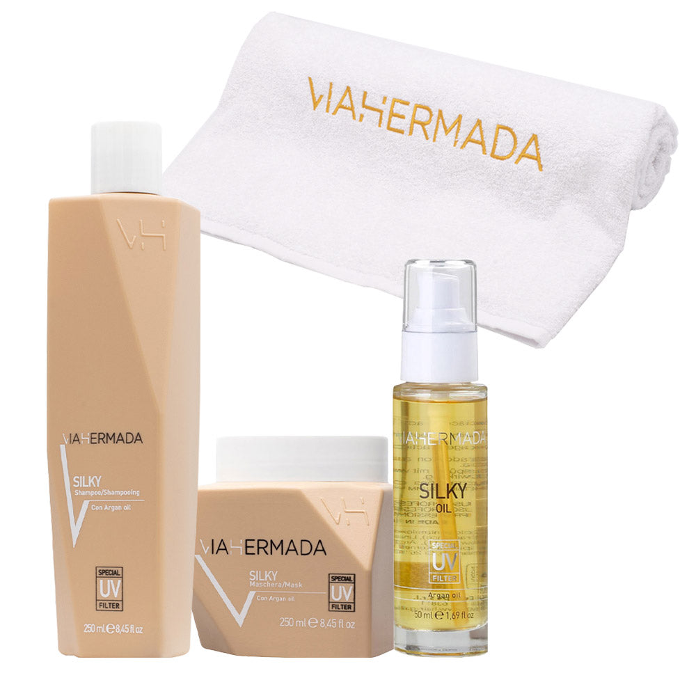 VIAHERMADA Silky Shampoo 250ml  Mask 250ml Silky Oil 50ml + Asciugamano da mare bianco OMAGGIO
