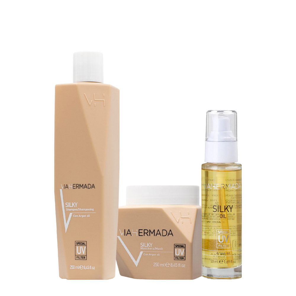VIAHERMADA Silky Shampoo 250ml  Mask 250ml Silky Oil 50ml + Asciugamano da mare bianco OMAGGIO