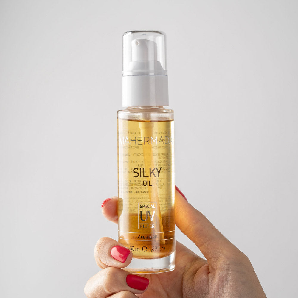 VIAHERMADA Silky Shampoo 250ml  Mask 250ml Silky Oil 50ml + Asciugamano da mare bianco OMAGGIO