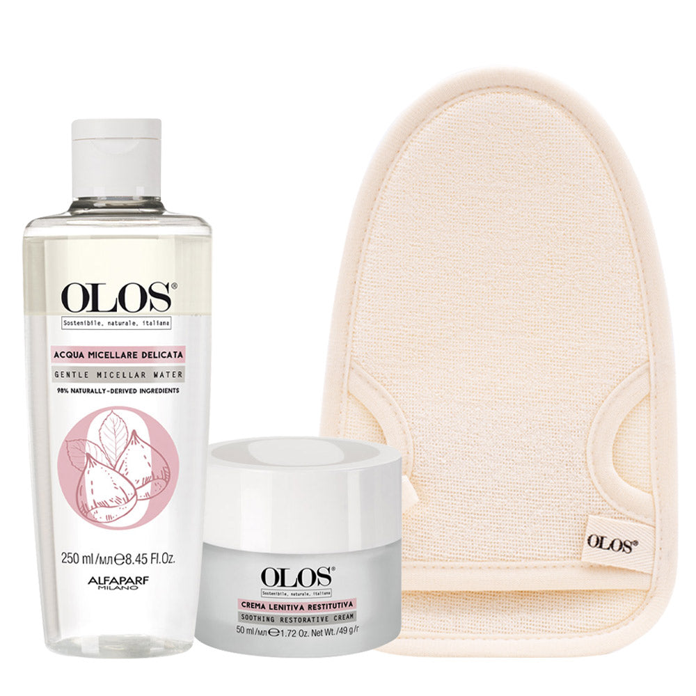 Olos Mondo Calmante Acqua Micellare Delicata 250ml Crema Lenitiva 50ml Guanto in Fibra di Bamboo