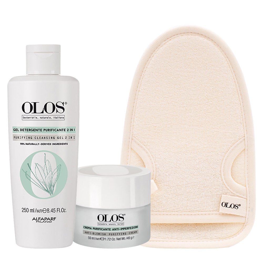 Olos Mondo Purificante Gel Detergente Purificante 2 in 1 Crema Purificante Anti- Imperfezioni 50ml Guanto Viso in Bamboo