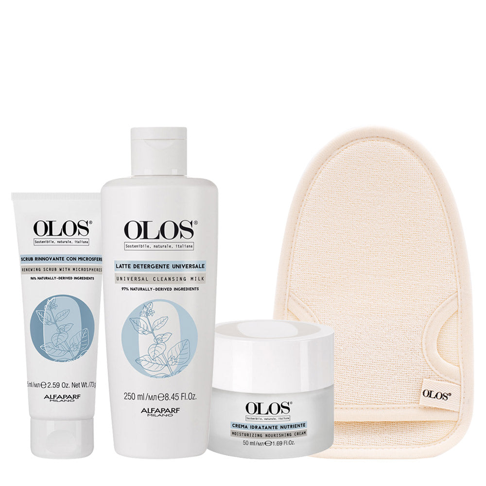 Olos Mondo Idratante Scrub 75ml Latte Detergente 250ml Crema Nutriente 50ml Guanto Detergente Viso In Fibra Di Bamboo