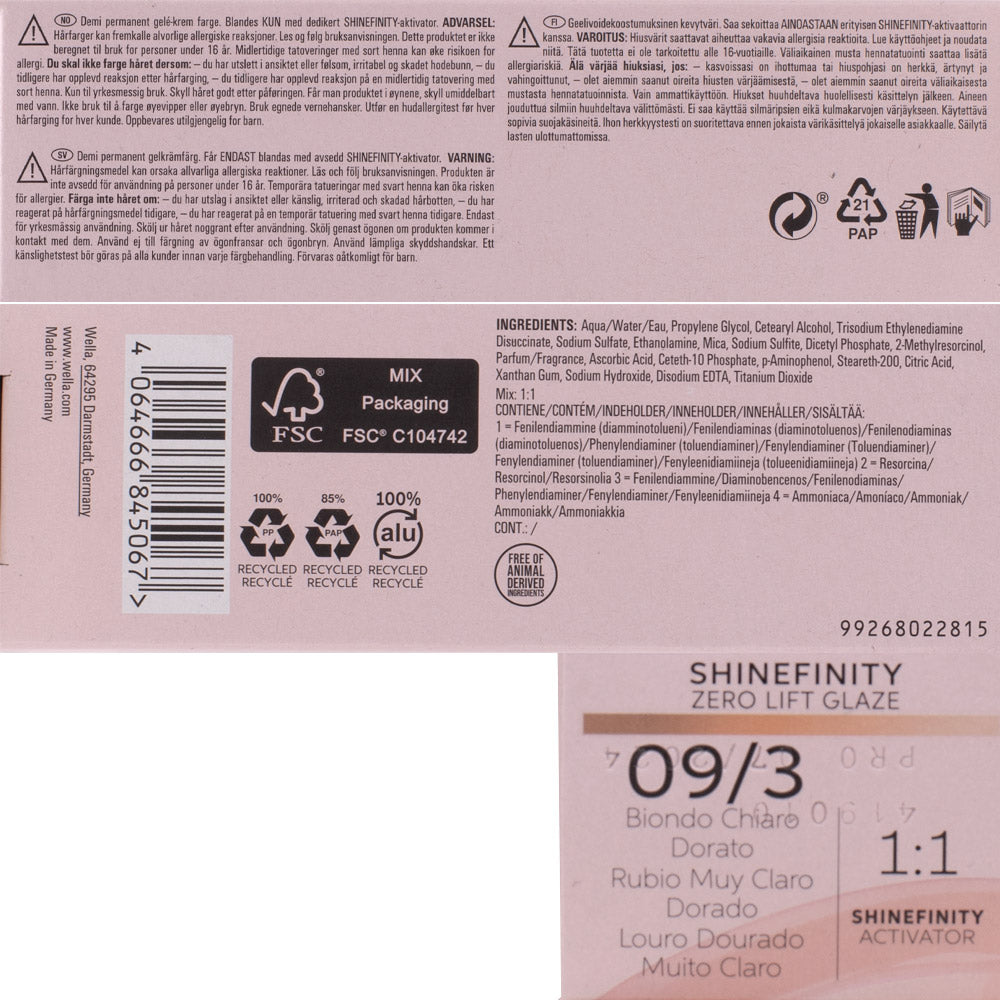 Wella Shinefinity 09/3 Biondo Chiaro Dorato 60ml - colore demi-permanente