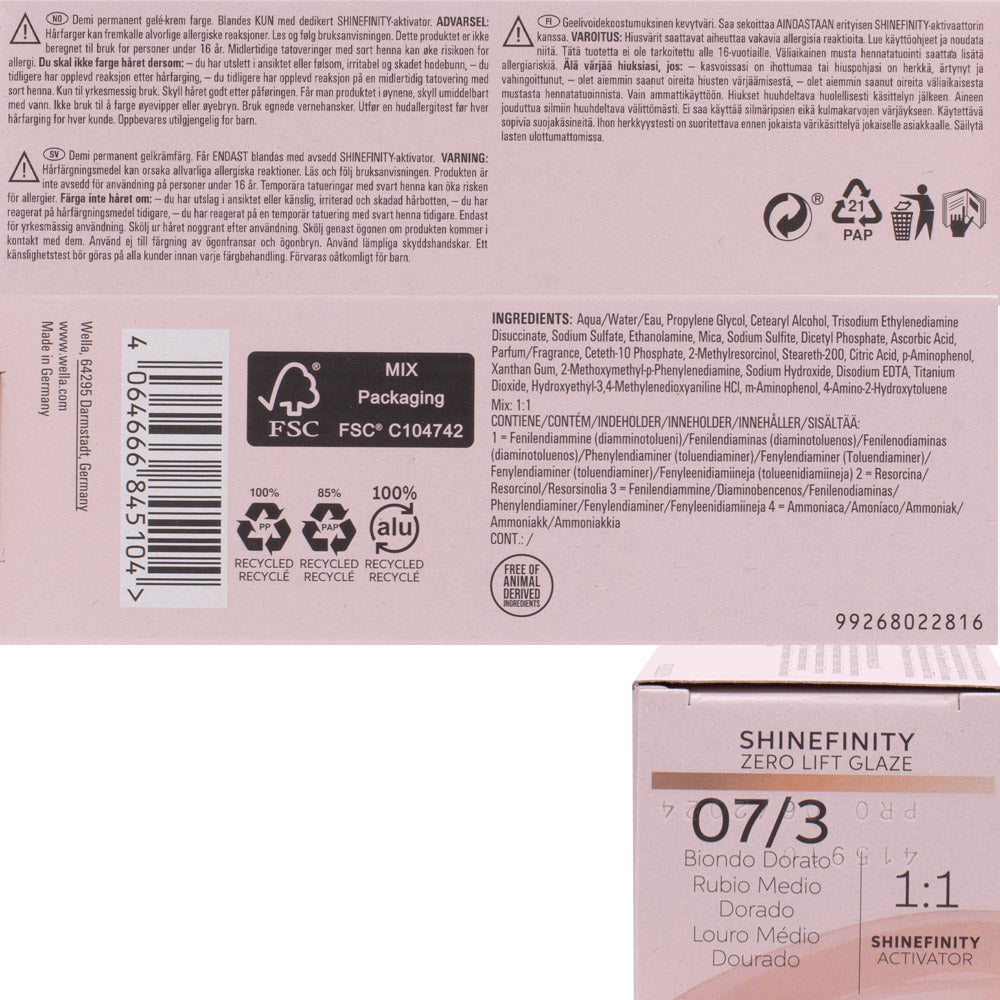 Wella Shinefinity 07/3 Biondo Dorato 60ml - colore demi-permanente