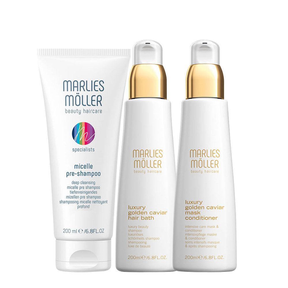 Marlies Möller Micelle Pre-Shampoo 200ml  Golden Caviar  Hair Bath 200ml  Golden Caviar  Mask Conditioner 200ml