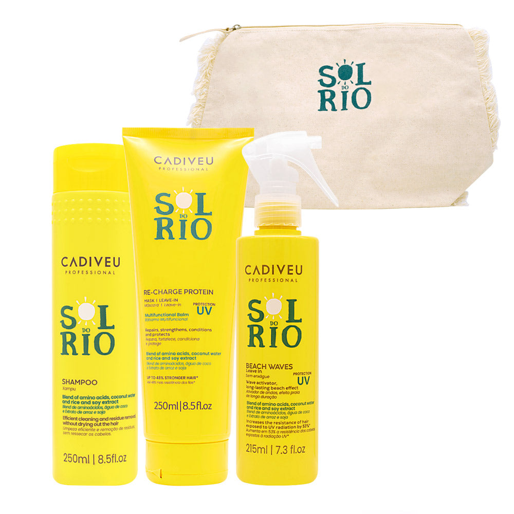 Cadiveu Sol Do Rio Professional Shampoo 250ml Mask 250ml  Leave-In Conditioner 215ml + Beach Pochette OMAGGIO