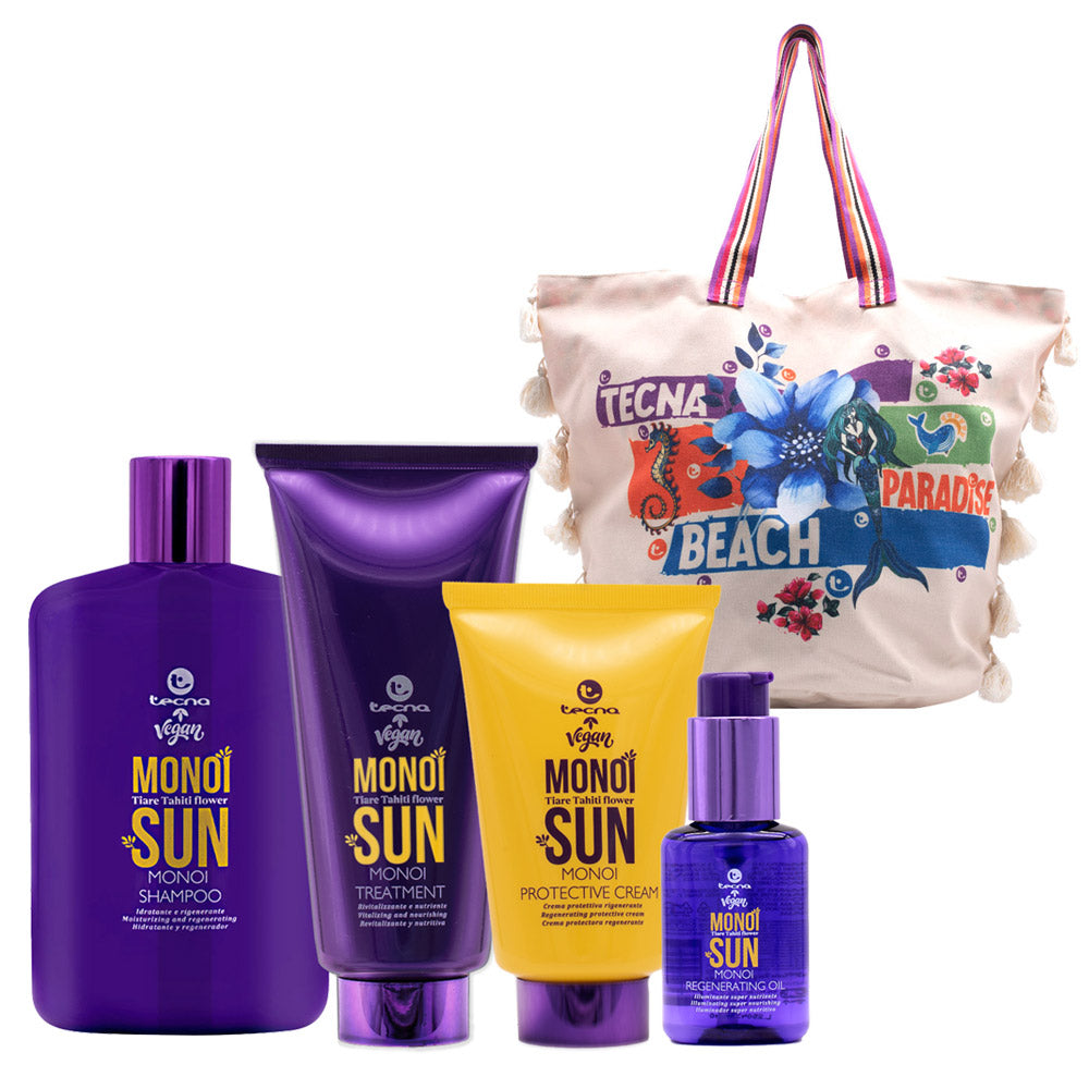 Tecna Monoi Sun Shampoo 400ml Treatment 200ml Protective Cream 125ml Regenerating Oil 55ml + Borsa Mare Omaggio