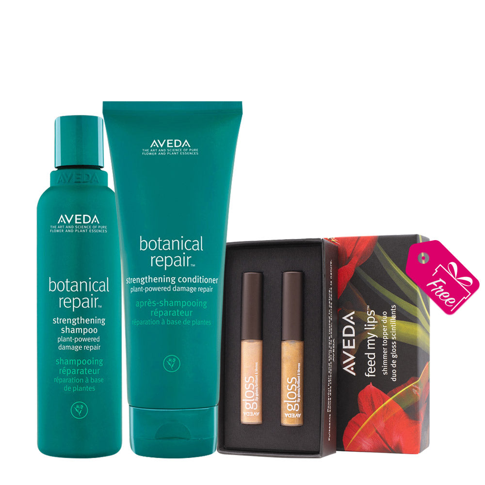 Aveda Botanical Repair Strengthening Shampoo 200ml Conditioner 200ml + Feed My Lips Mini Gloss Duo