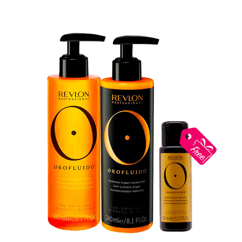 Revlon Orofluido Radiance Argan Shampoo 240ml Conditioner 240ml + Argan Shampoo 50ml OMAGGIO
