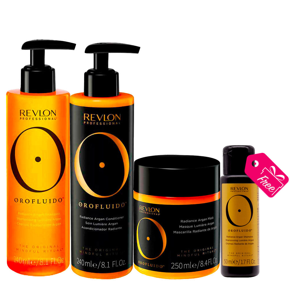 Revlon Orofluido Radiance Argan Shampoo 240ml Conditioner 240ml Mask 250ml + Argan Shampoo 50ml OMAGGIO