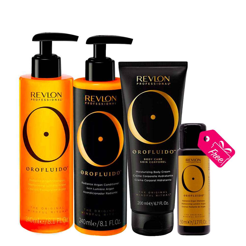 Revlon Orofluido Radiance Argan Shampoo 240ml Conditioner 240ml Body Cream 200ml + Argan Shampoo 50ml OMAGGIO
