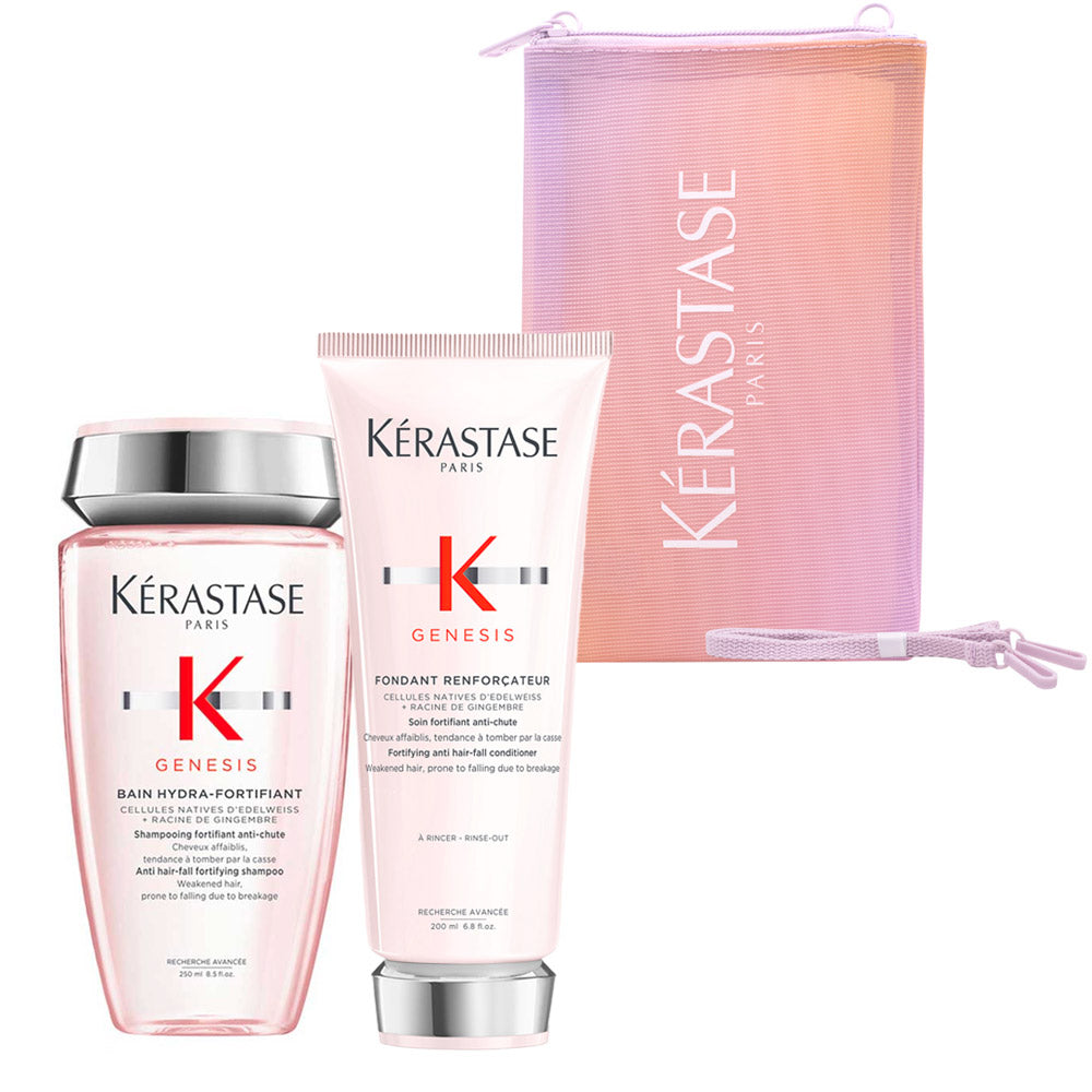Kerastase Genesis Bain Hydra-Fortifiant 250ml Fondant Renforcateur 200ml + Pink Pouch OMAGGIO
