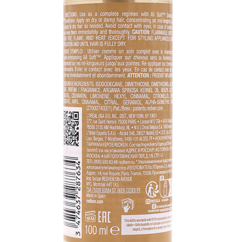 Redken All Soft Argan Oil 100ml - olio d'argan per capelli secchi