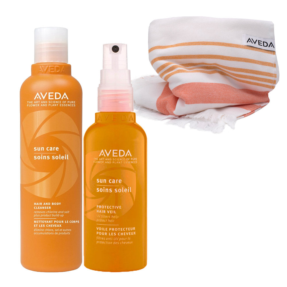 Aveda Sun Care Hair and Body Cleanser 250ml Protective Hair Veil 100ml + Telo Mare in Cotone Organico OMAGGIO