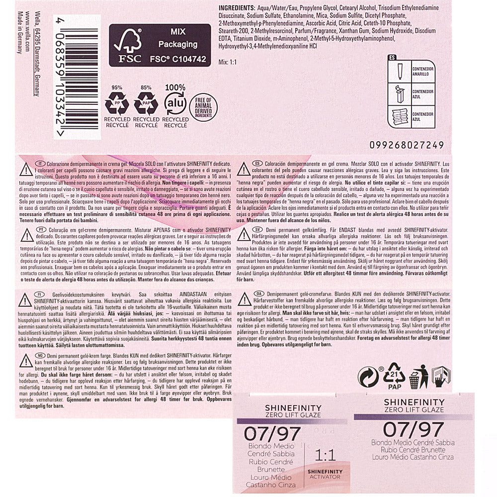 Wella Shinefinity 07/97 Biondo Medio Cendrè Sabbia 60ml - colore demi-permanente