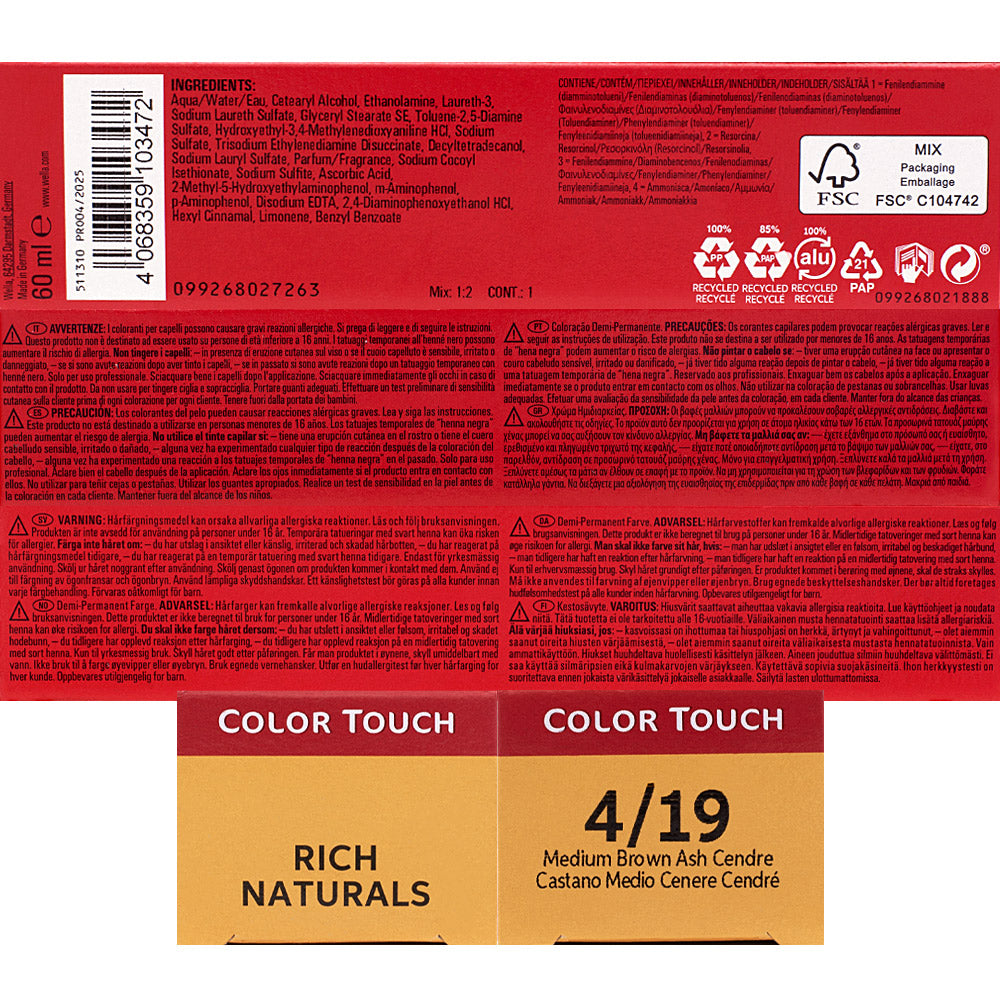 Wella Color Touch Rich Naturals 4/19 Castano Medio Cenere Cendrè 60ml - colore semi permanente senza ammoniaca