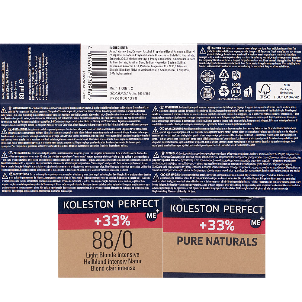 Wella Koleston Perfect ME+ Pure Naturals 88/0 Biondo Chiaro Intenso 80ml - colorazione permanente
