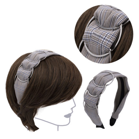 VIAHERMADA Beige Checkered Fabric Hairband with silver metal Rings