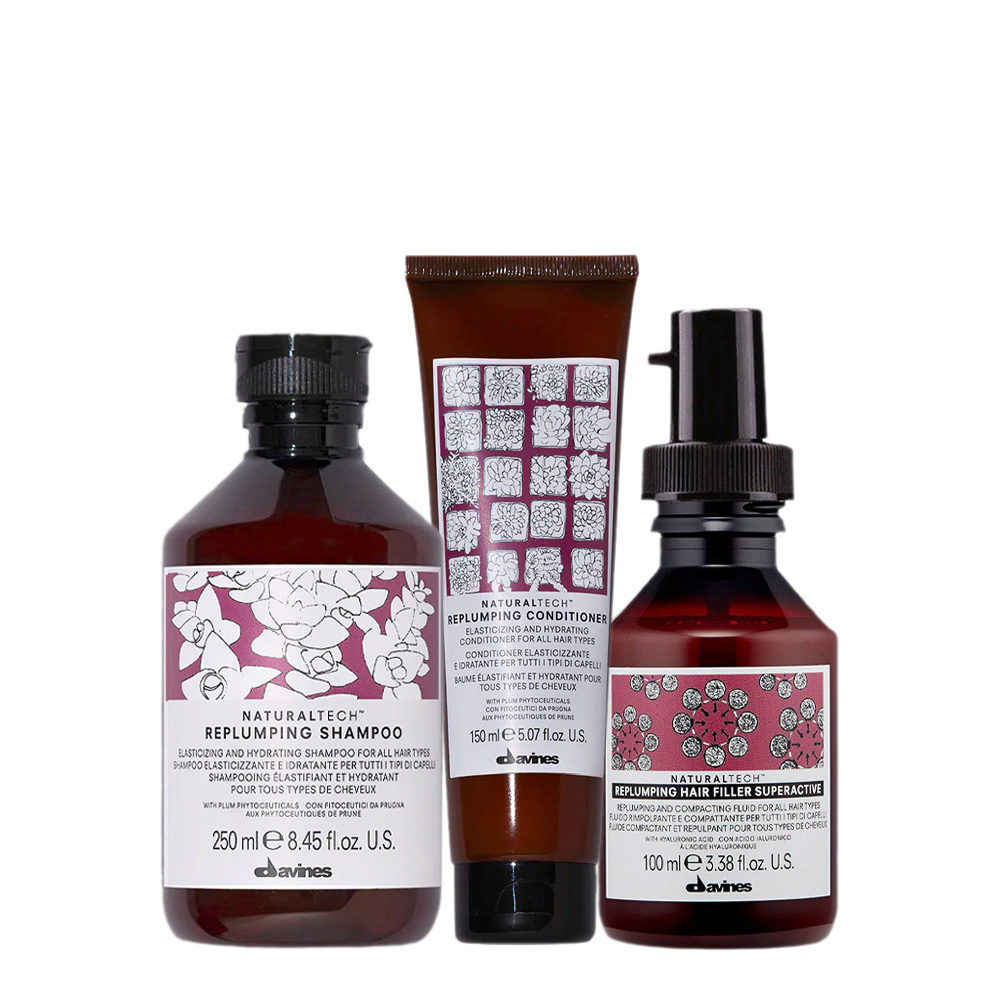 Davines Naturaltech Replumping Shampoo 250ml Conditioner 150ml Hair Filler Superactive 100ml