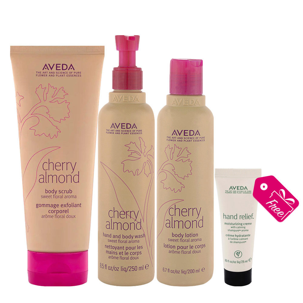 Aveda Cherry Almond Body Scrub 200ml Hand & Body Wash 250ml Body Lotion 200ml + Hand Relief Creme 25ml FREE